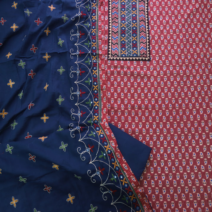 Chandni Wine Red Running Stitch Kutch Patch with ajrak Printed cotton Suit