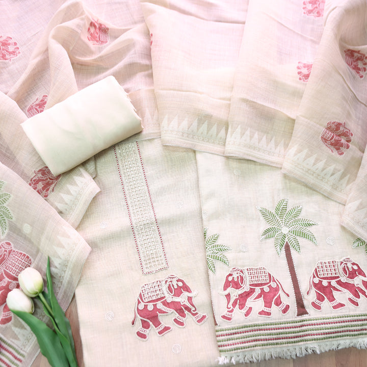 Ambarsari Skin Beige with Cranberry Red Elephant Embroidered Work Chanderi Suit Set