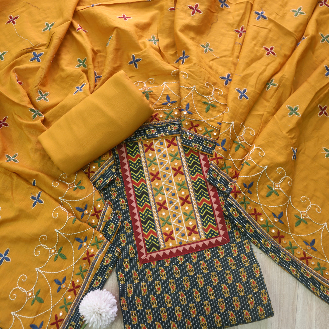 Chandni Grass Green Running Stitch Kutch Patch with ajrak Printed cotton Suit