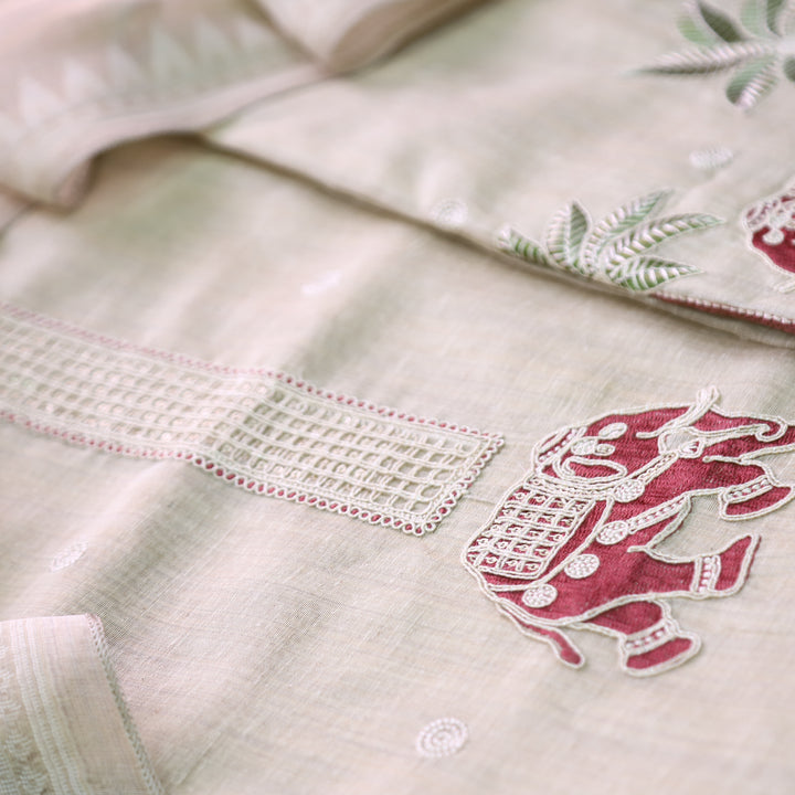 Ambarsari Skin Beige with Cranberry Red Elephant Embroidered Work Chanderi Suit Set