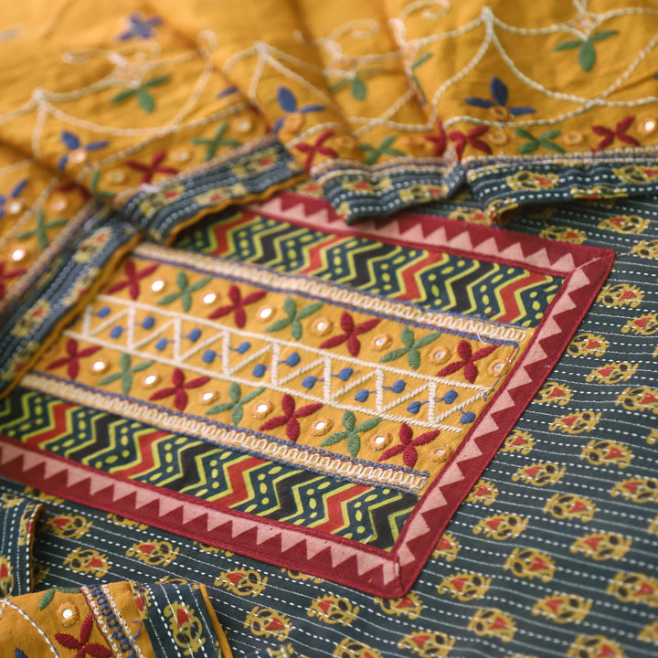 Chandni Grass Green Running Stitch Kutch Patch with ajrak Printed cotton Suit