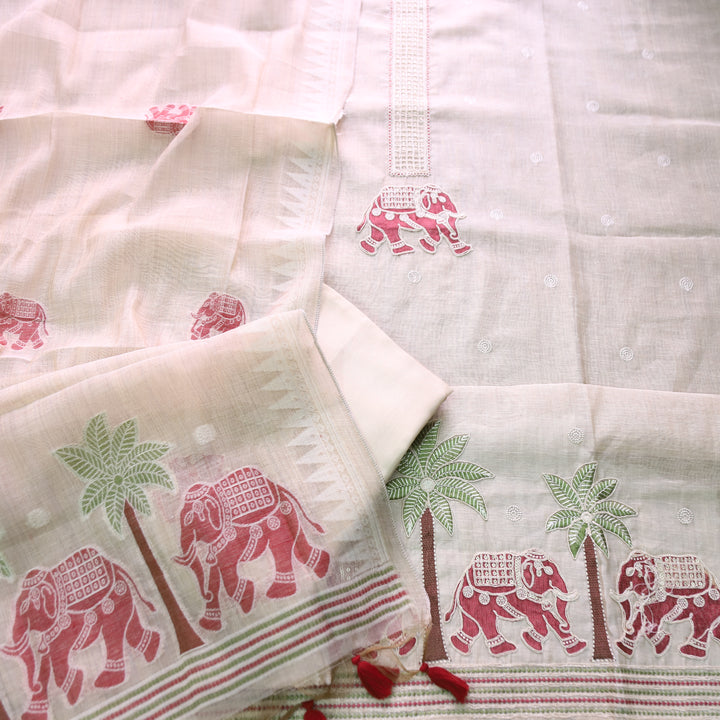Ambarsari Skin Beige with Cranberry Red Elephant Embroidered Work Chanderi Suit Set