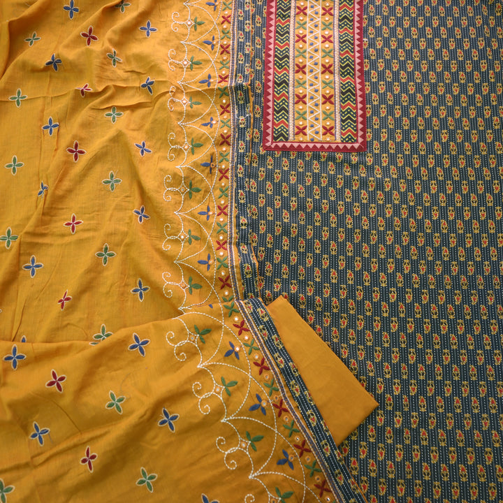 Chandni Grass Green Running Stitch Kutch Patch with ajrak Printed cotton Suit