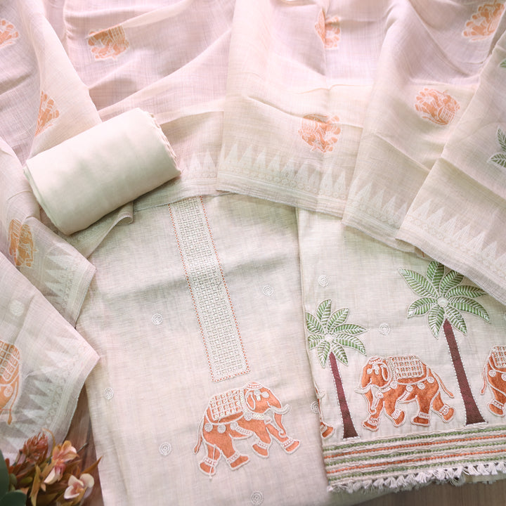 Ambarsari Skin Beige with Orange Elephant Embroidered Work Chanderi Suit Set