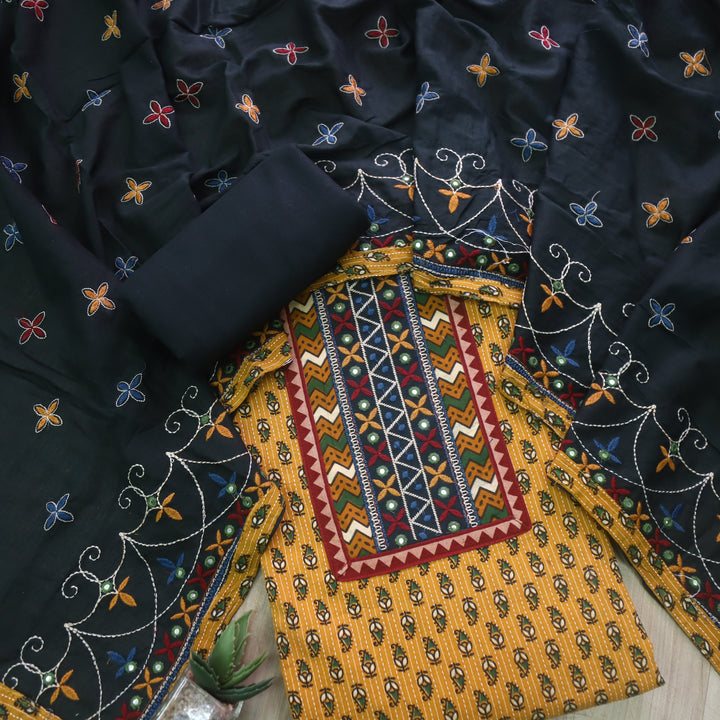 Chandni Dijon Yellow Running Stitch Kutch Patch with ajrak Printed cotton Suit