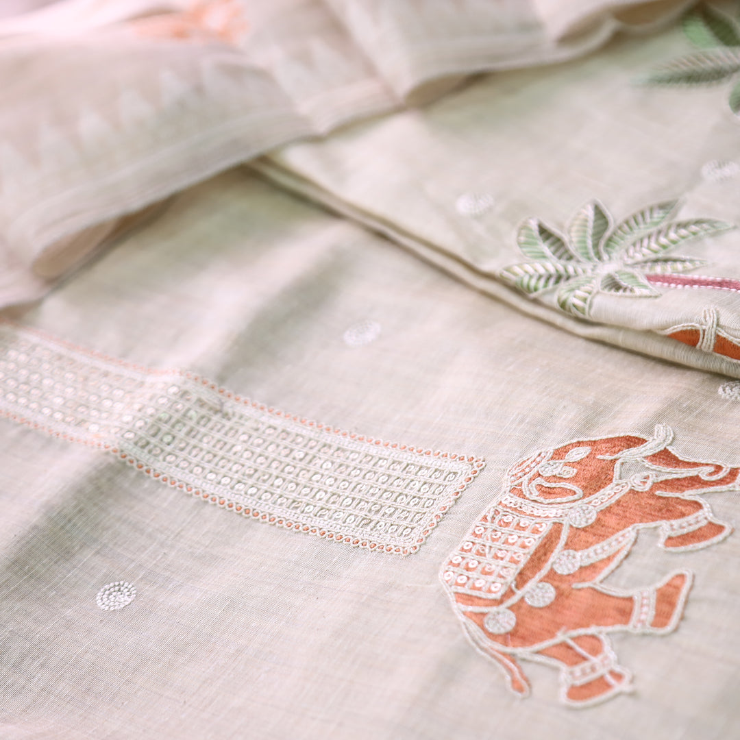 Ambarsari Skin Beige with Orange Elephant Embroidered Work Chanderi Suit Set