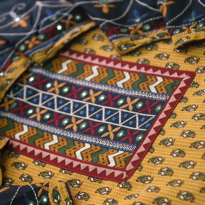 Chandni Dijon Yellow Running Stitch Kutch Patch with ajrak Printed cotton Suit