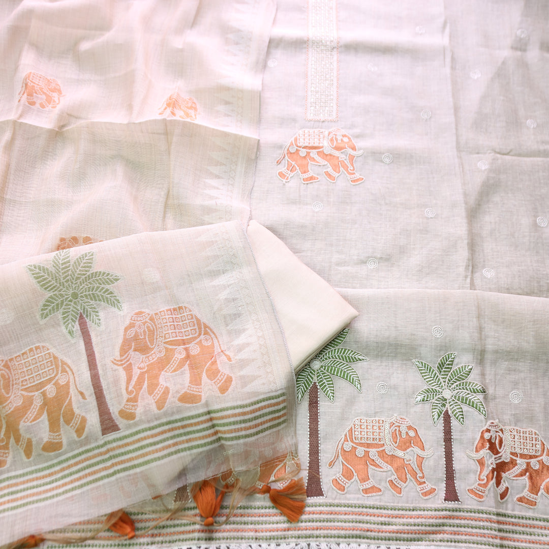 Ambarsari Skin Beige with Orange Elephant Embroidered Work Chanderi Suit Set