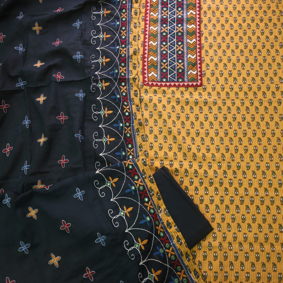 Chandni Dijon Yellow Running Stitch Kutch Patch with ajrak Printed cotton Suit