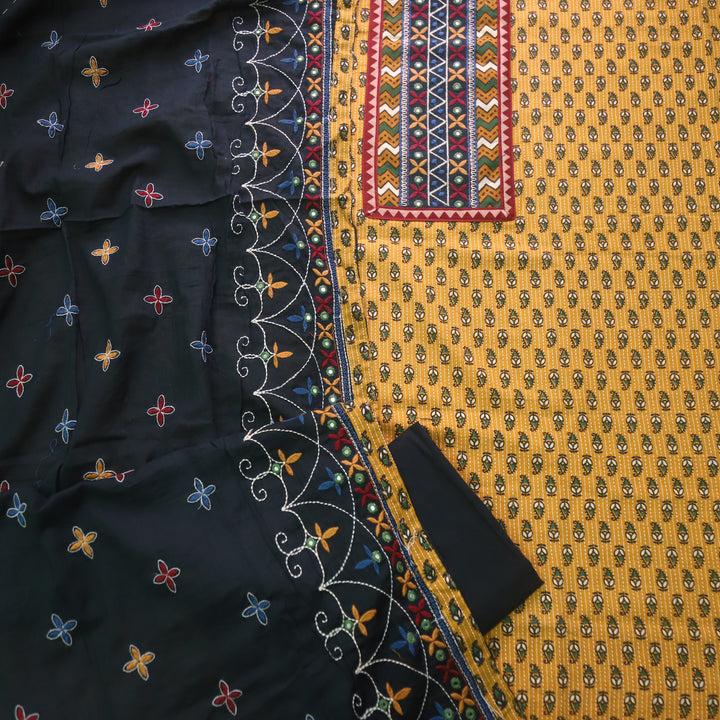 Chandni Dijon Yellow Running Stitch Kutch Patch with ajrak Printed cotton Suit