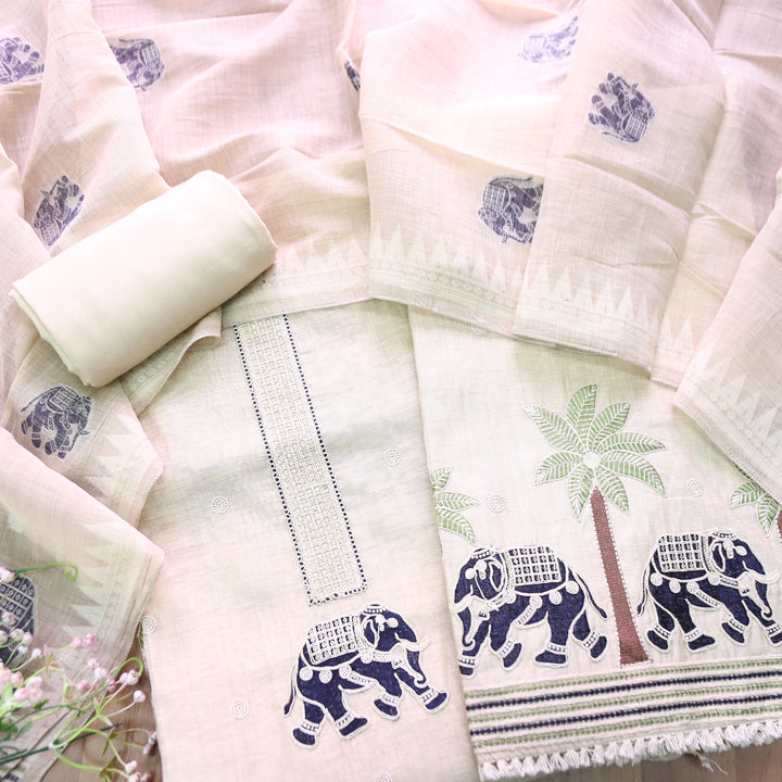Ambarsari Skin Beige with Royal Blue Elephant Embroidered Work Chanderi Suit Set
