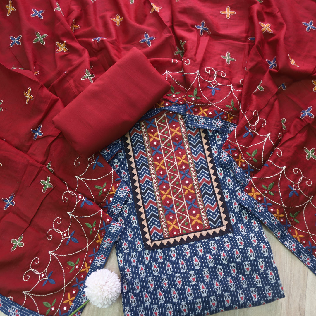 Chandni Cobalt Blue Running Stitch Kutch Patch with ajrak Printed cotton Suit
