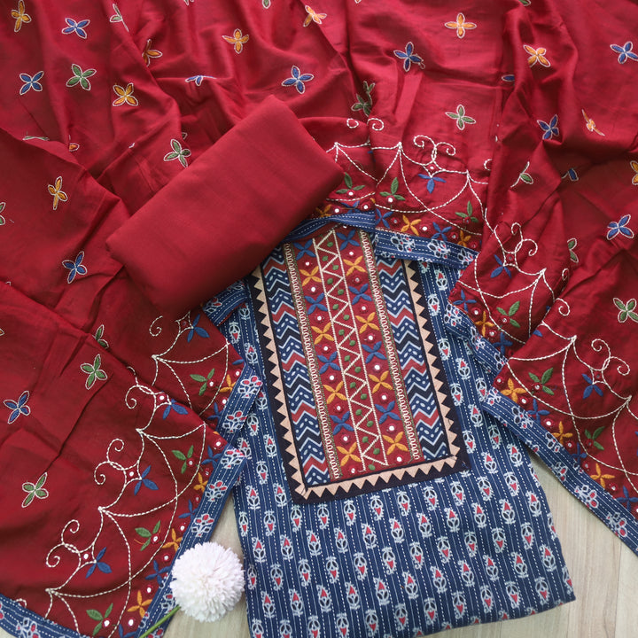 Chandni Cobalt Blue Running Stitch Kutch Patch with ajrak Printed cotton Suit