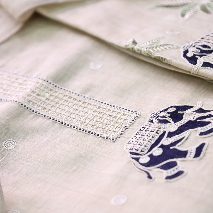 Ambarsari Skin Beige with Royal Blue Elephant Embroidered Work Chanderi Suit Set