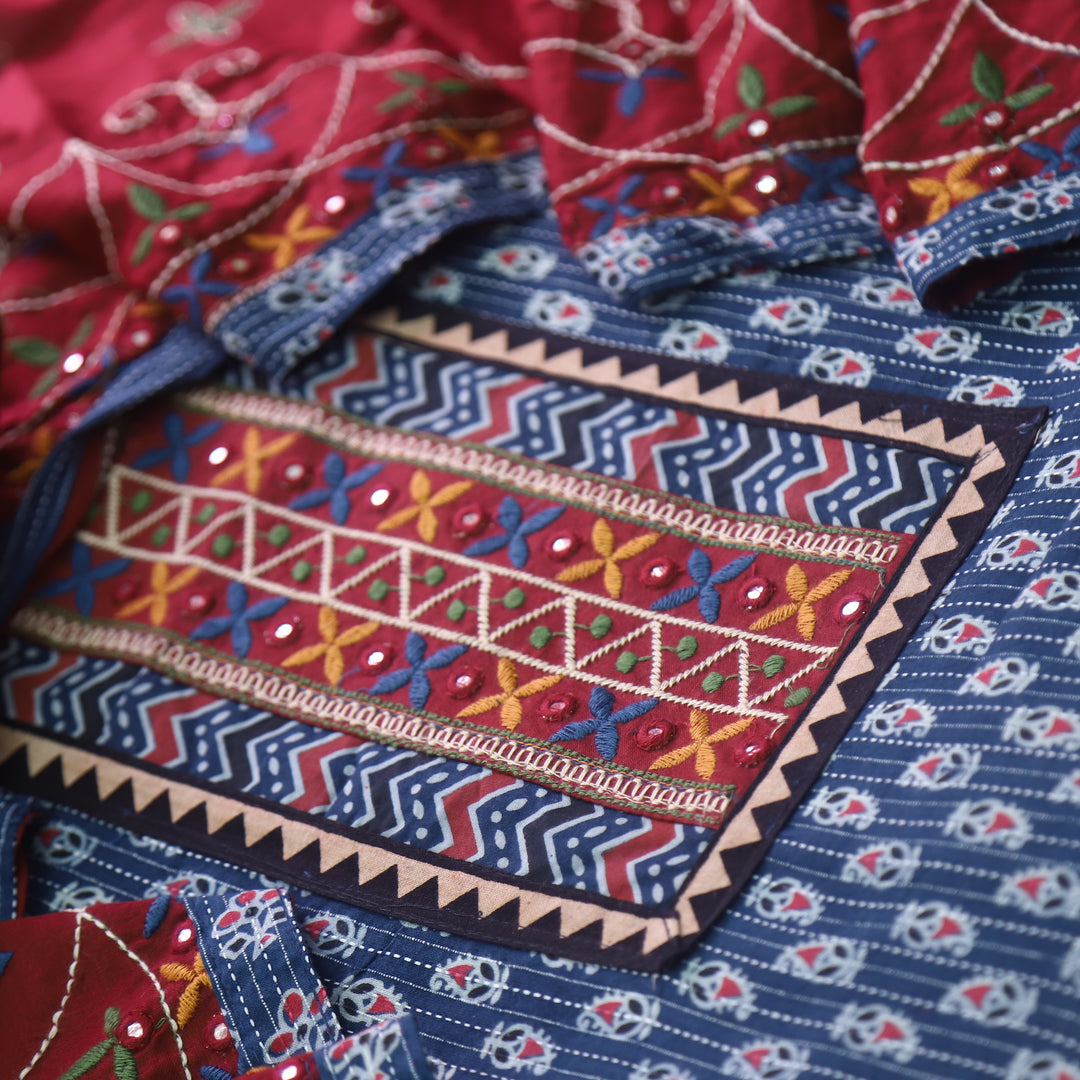 Chandni Cobalt Blue Running Stitch Kutch Patch with ajrak Printed cotton Suit