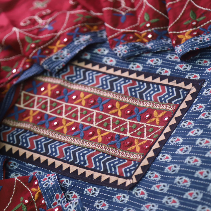 Chandni Cobalt Blue Running Stitch Kutch Patch with ajrak Printed cotton Suit