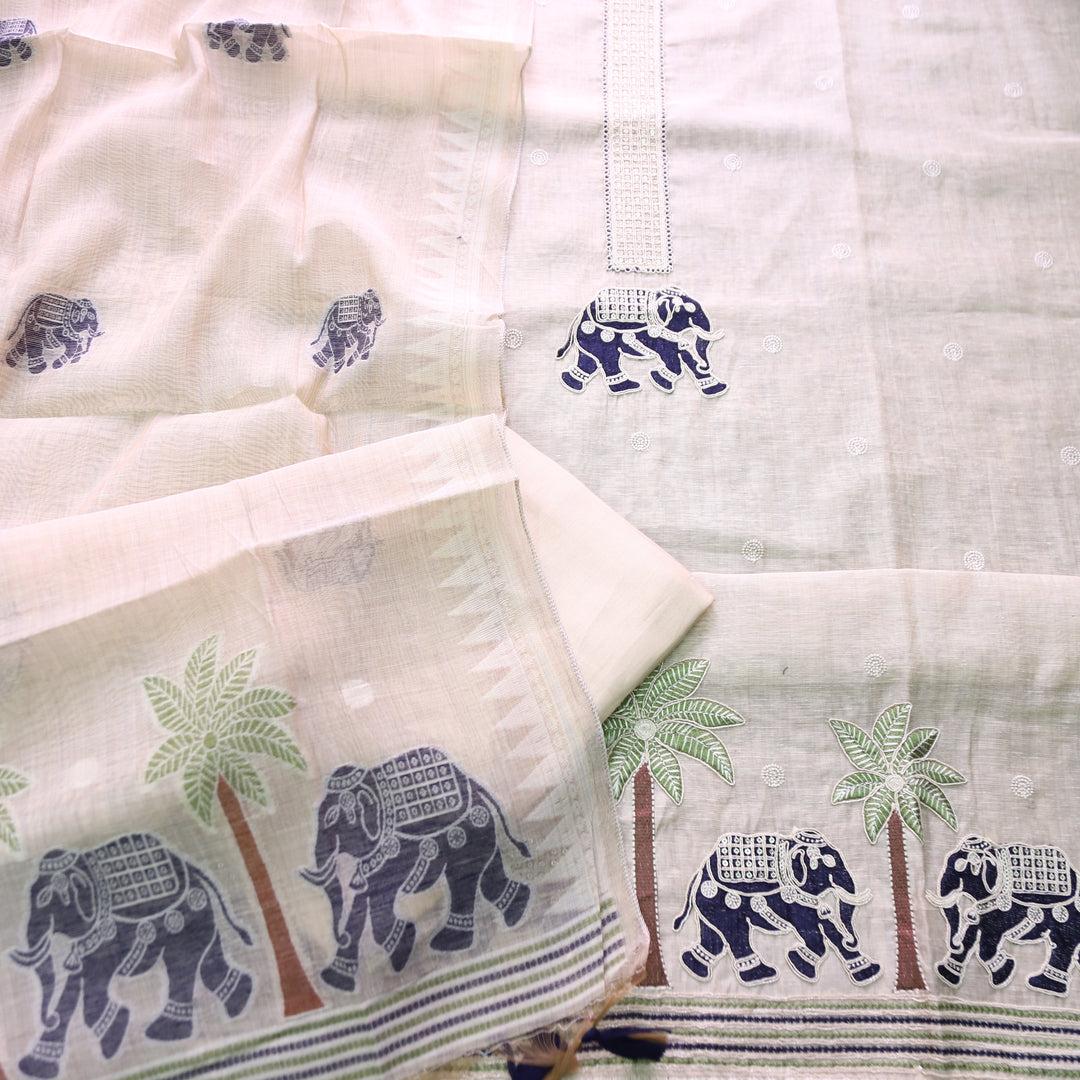 Ambarsari Skin Beige with Royal Blue Elephant Embroidered Work Chanderi Suit Set