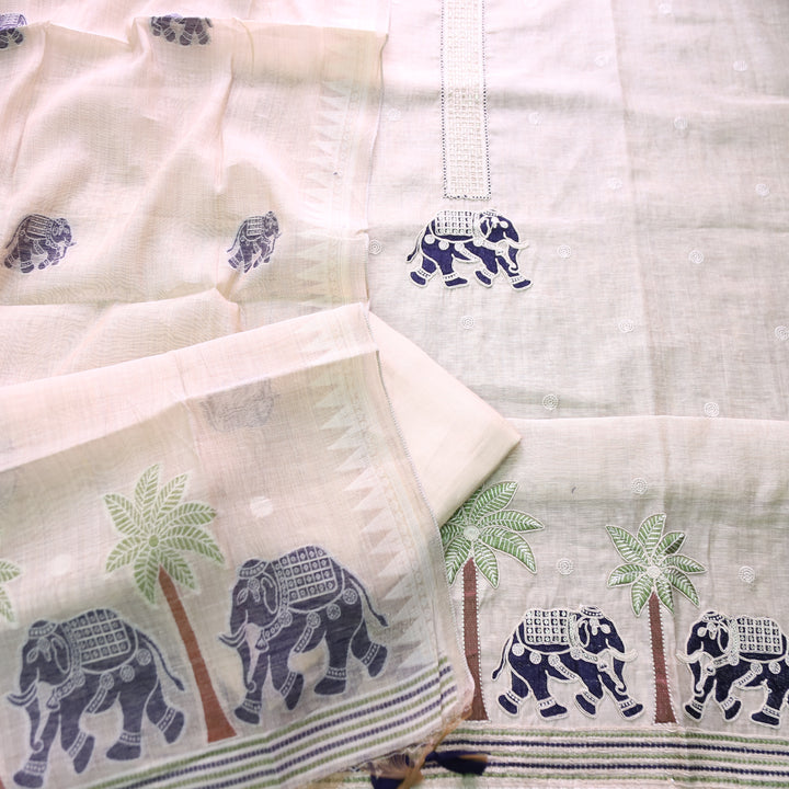 Ambarsari Skin Beige with Royal Blue Elephant Embroidered Work Chanderi Suit Set