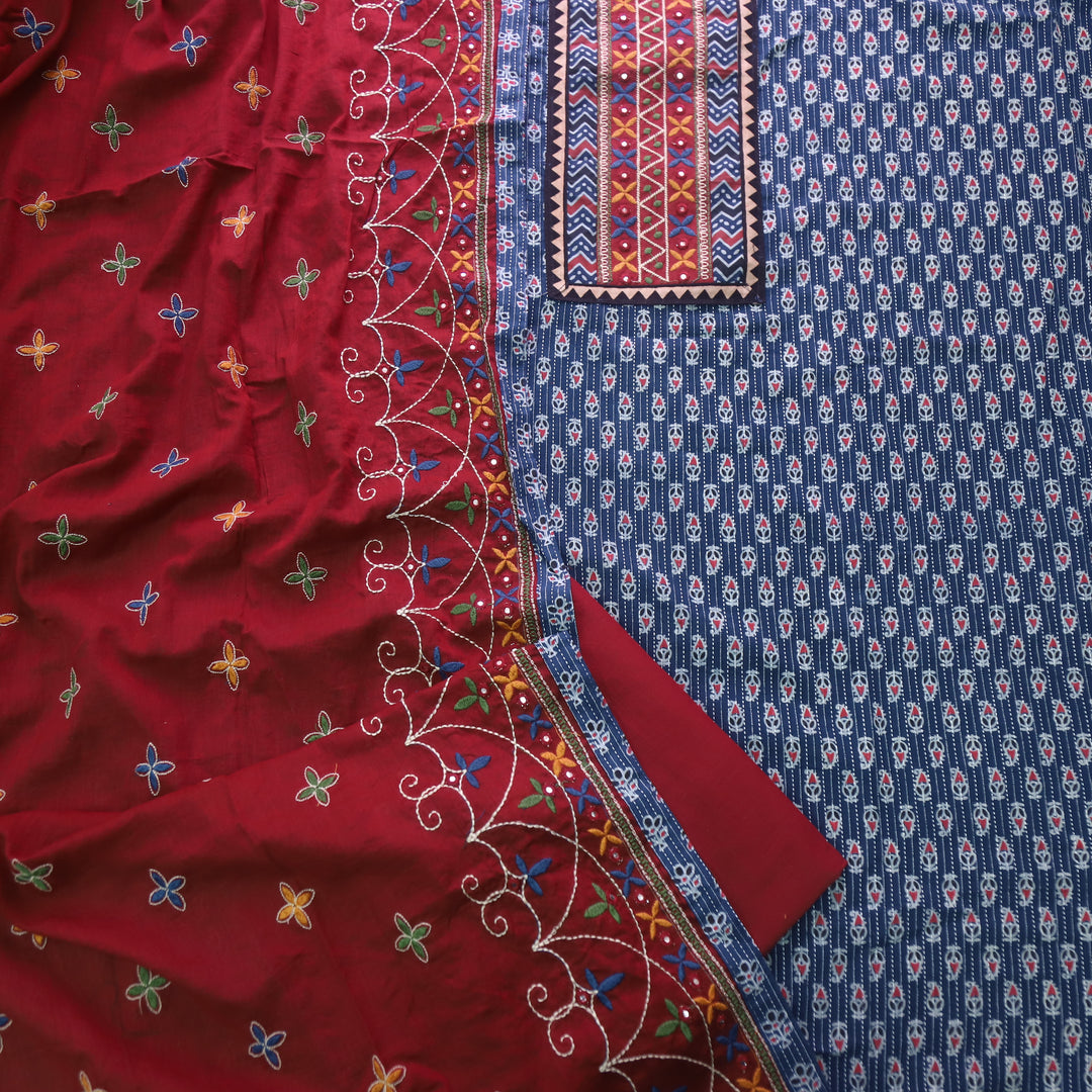 Chandni Cobalt Blue Running Stitch Kutch Patch with ajrak Printed cotton Suit