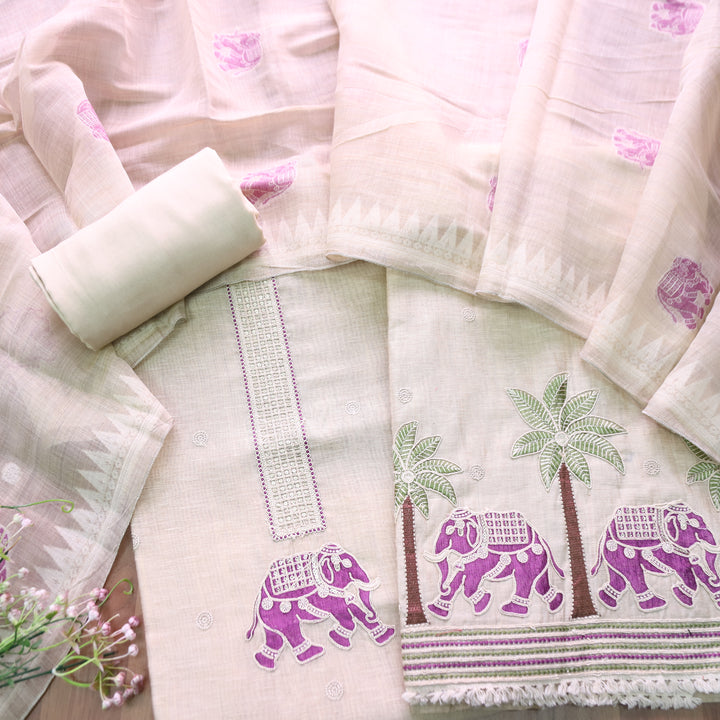 Ambarsari Skin Beige with Purple Elephant Embroidered Work Chanderi Suit Set