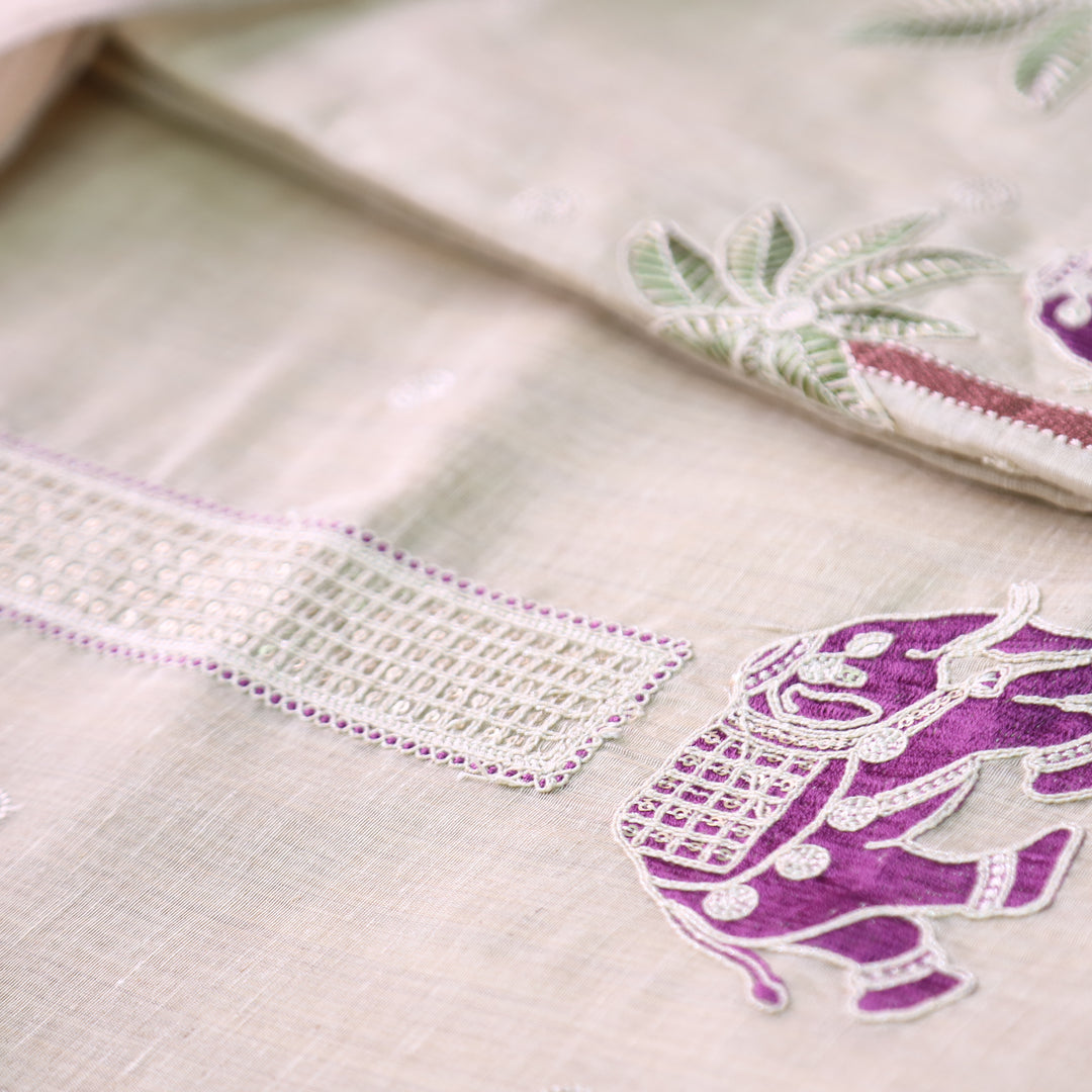 Ambarsari Skin Beige with Purple Elephant Embroidered Work Chanderi Suit Set