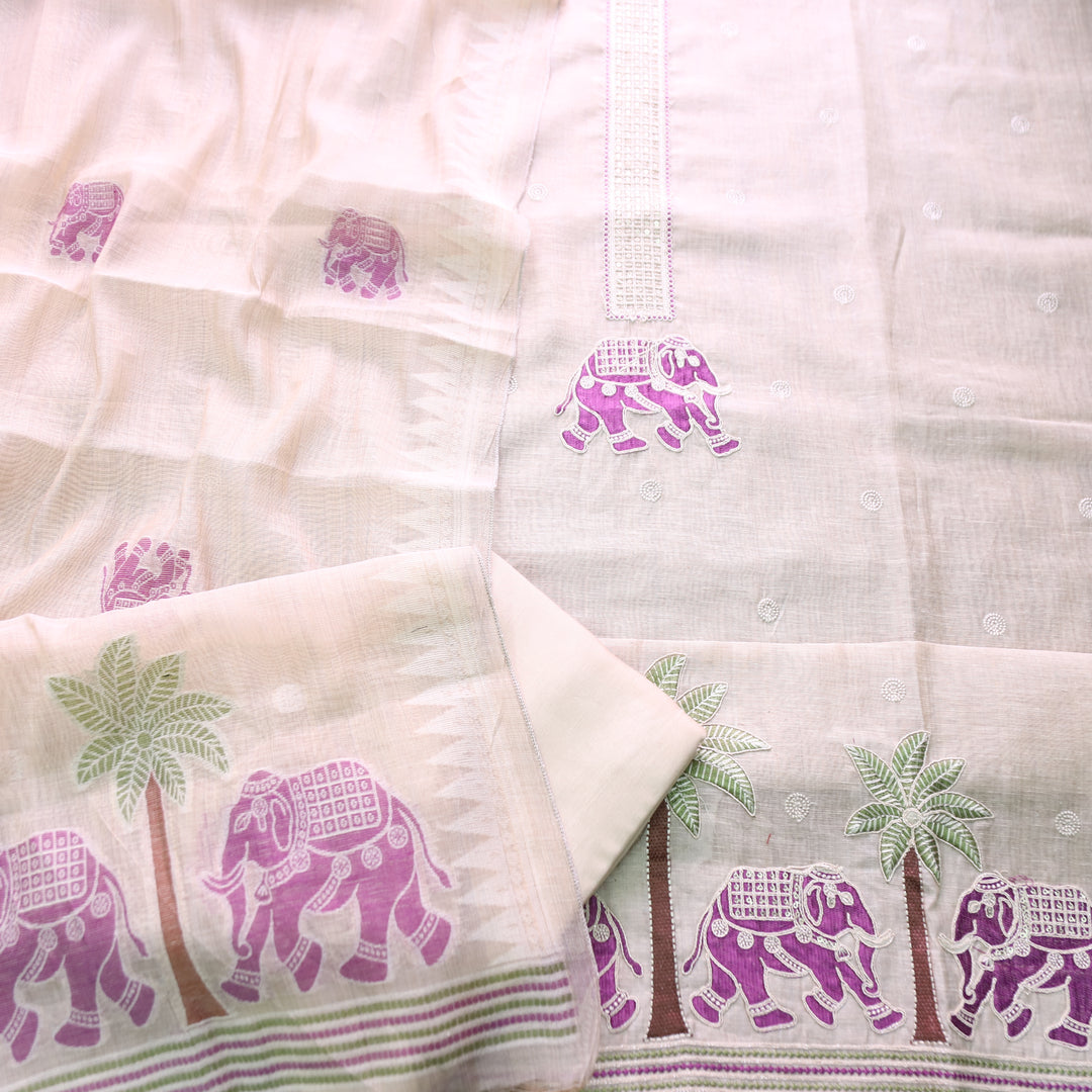 Ambarsari Skin Beige with Purple Elephant Embroidered Work Chanderi Suit Set
