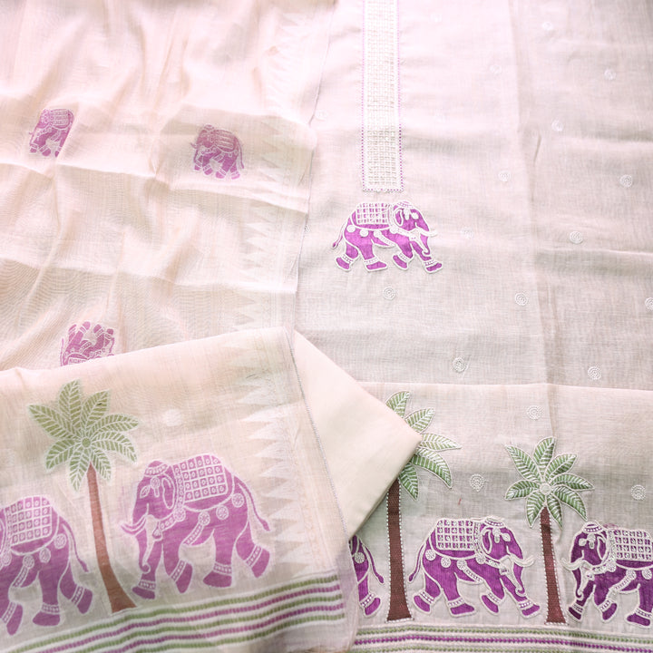 Ambarsari Skin Beige with Purple Elephant Embroidered Work Chanderi Suit Set
