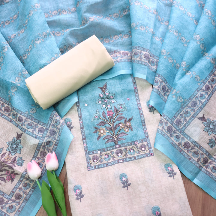 Samira Beige Floral Printed with Blue Yoke Moti and Patra Work Cotton Linen Set