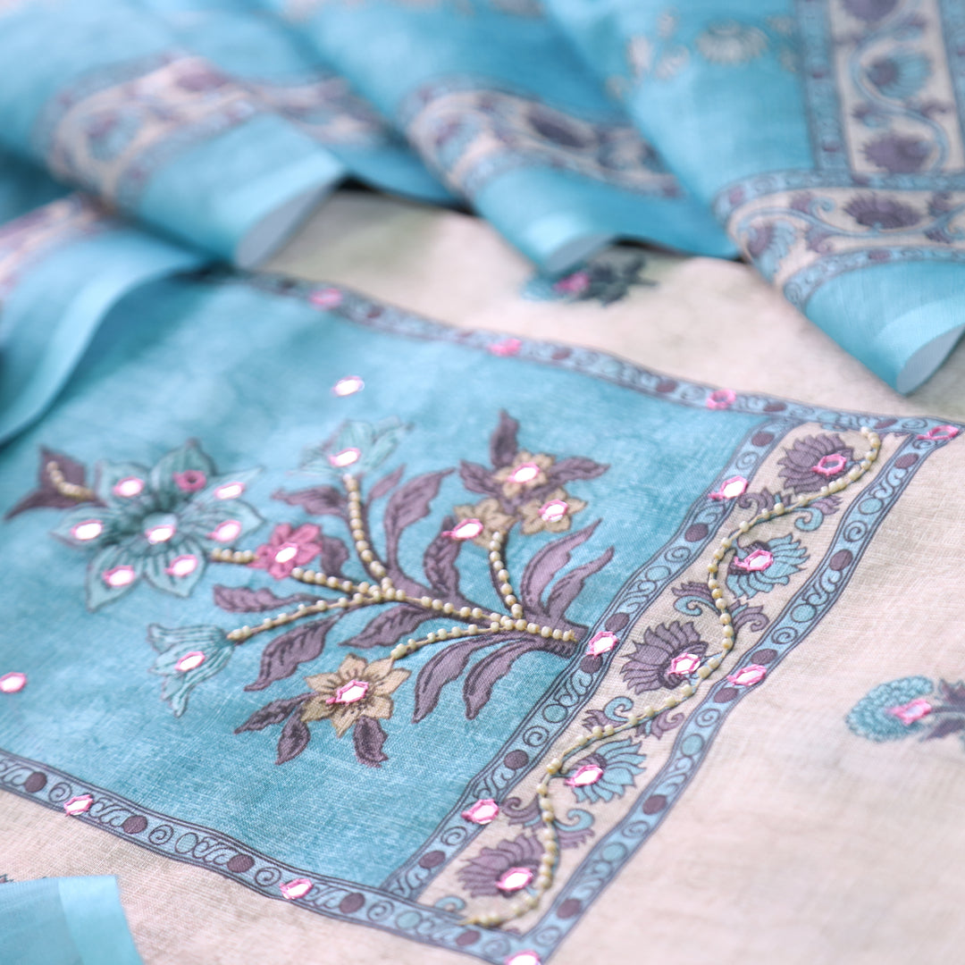 Samira Beige Floral Printed with Blue Yoke Moti and Patra Work Cotton Linen Set