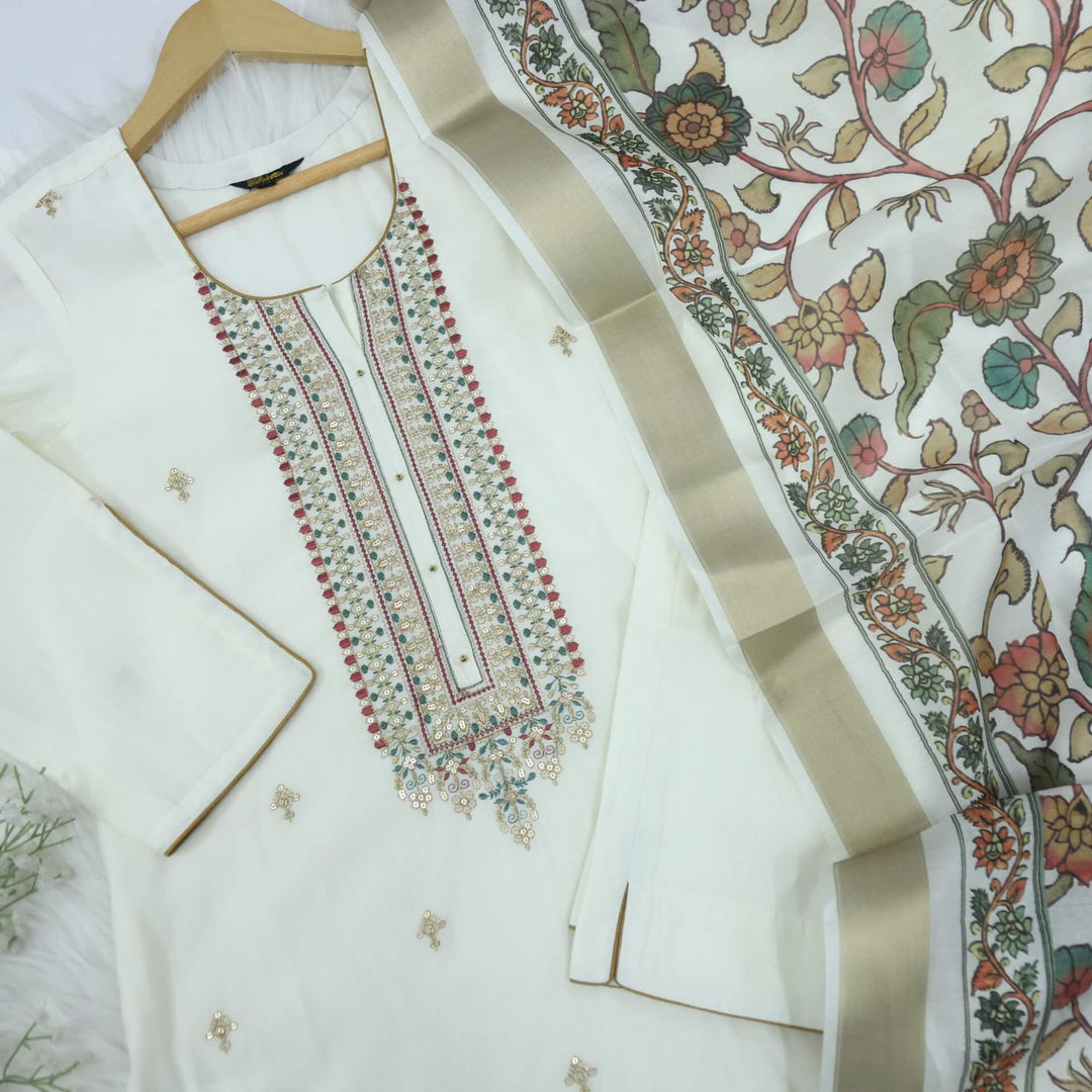 Afreen Creamy White Beige Embellished Neck Work Cotton Silk Top with Chanderi Dupatta 3 Piece Set