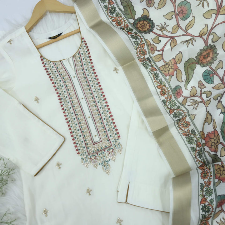 Afreen Creamy White Beige Embellished Neck Work Cotton Silk Top with Chanderi Dupatta 3 Piece Set