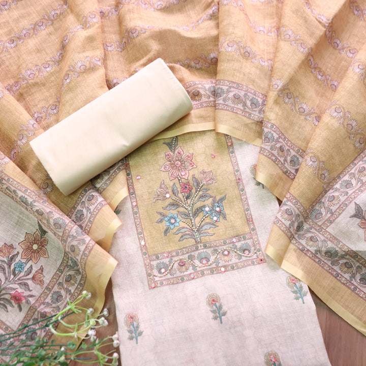 Samira Beige Floral Printed with Yellow Yoke Moti and Patra Work Cotton Linen Set