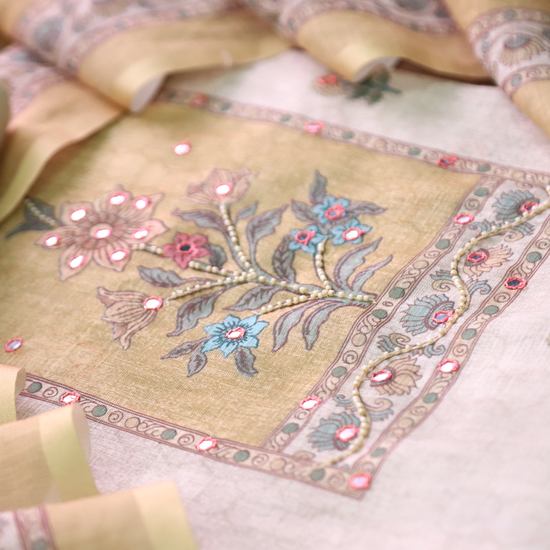 Samira Beige Floral Printed with Yellow Yoke Moti and Patra Work Cotton Linen Set