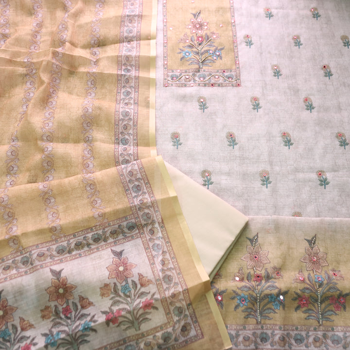 Samira Beige Floral Printed with Yellow Yoke Moti and Patra Work Cotton Linen Set