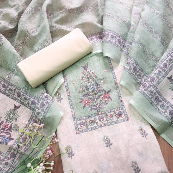 Samira Beige Floral Printed with Green Yoke Moti and Patra Work Cotton Linen Set