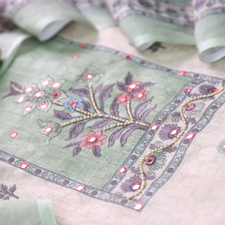 Samira Beige Floral Printed with Green Yoke Moti and Patra Work Cotton Linen Set