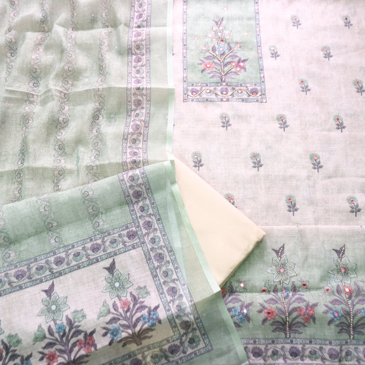Samira Beige Floral Printed with Green Yoke Moti and Patra Work Cotton Linen Set