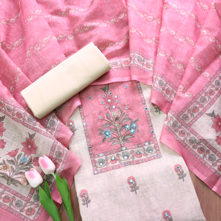 Samira Beige Floral Printed with Pink Yoke Moti and Patra Work Cotton Linen Set