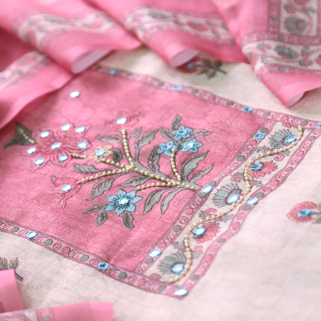 Samira Beige Floral Printed with Pink Yoke Moti and Patra Work Cotton Linen Set