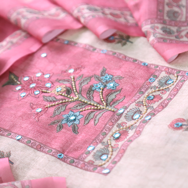 Samira Beige Floral Printed with Pink Yoke Moti and Patra Work Cotton Linen Set