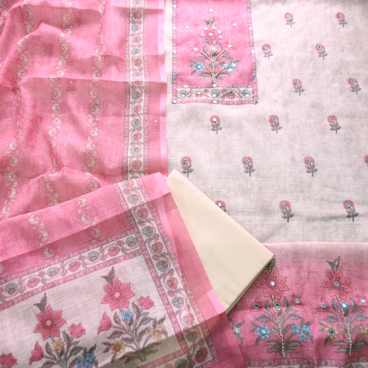 Samira Beige Floral Printed with Pink Yoke Moti and Patra Work Cotton Linen Set