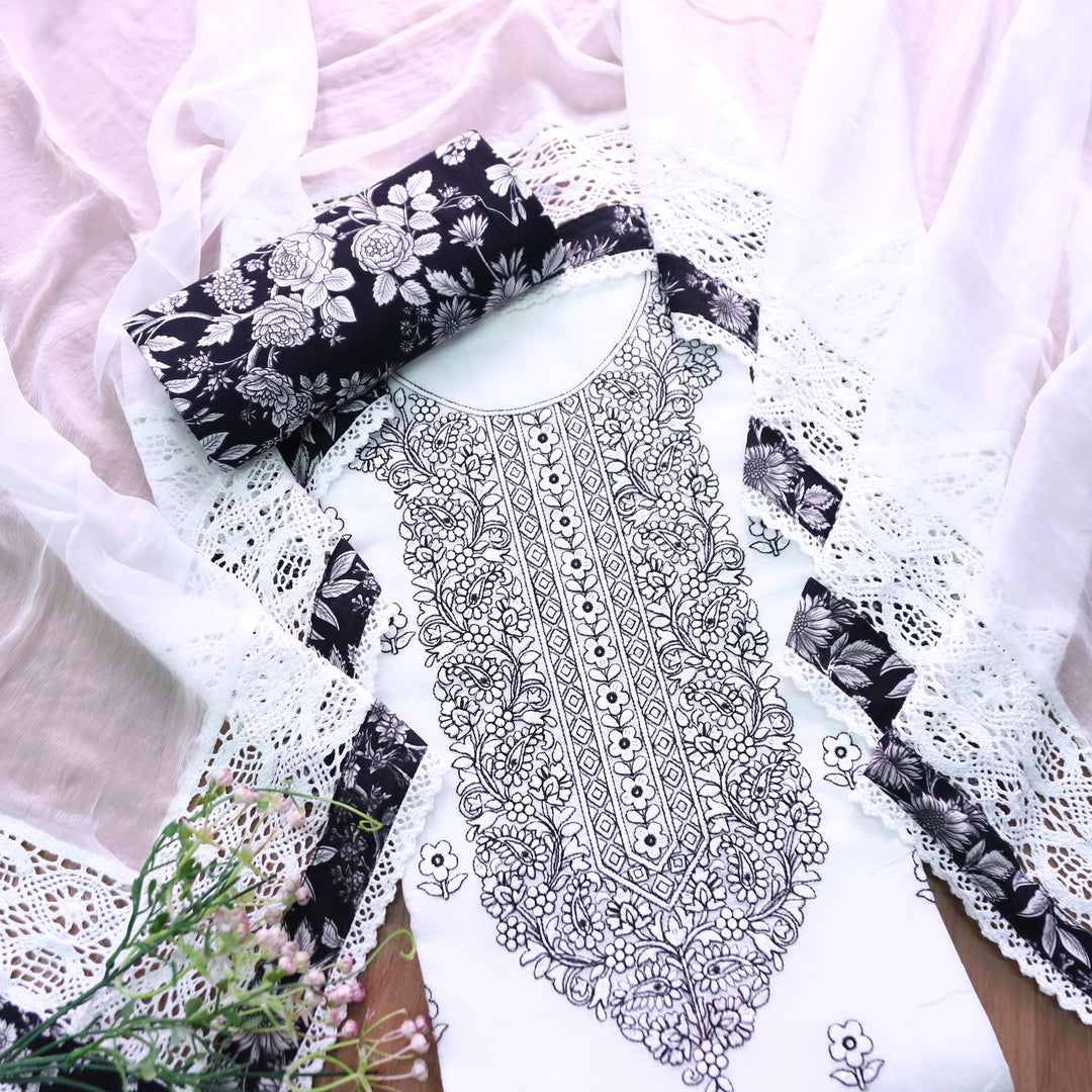 Noor Pearl White All Over Thread Embroidered Neck Work Kota Doriya Suit Set