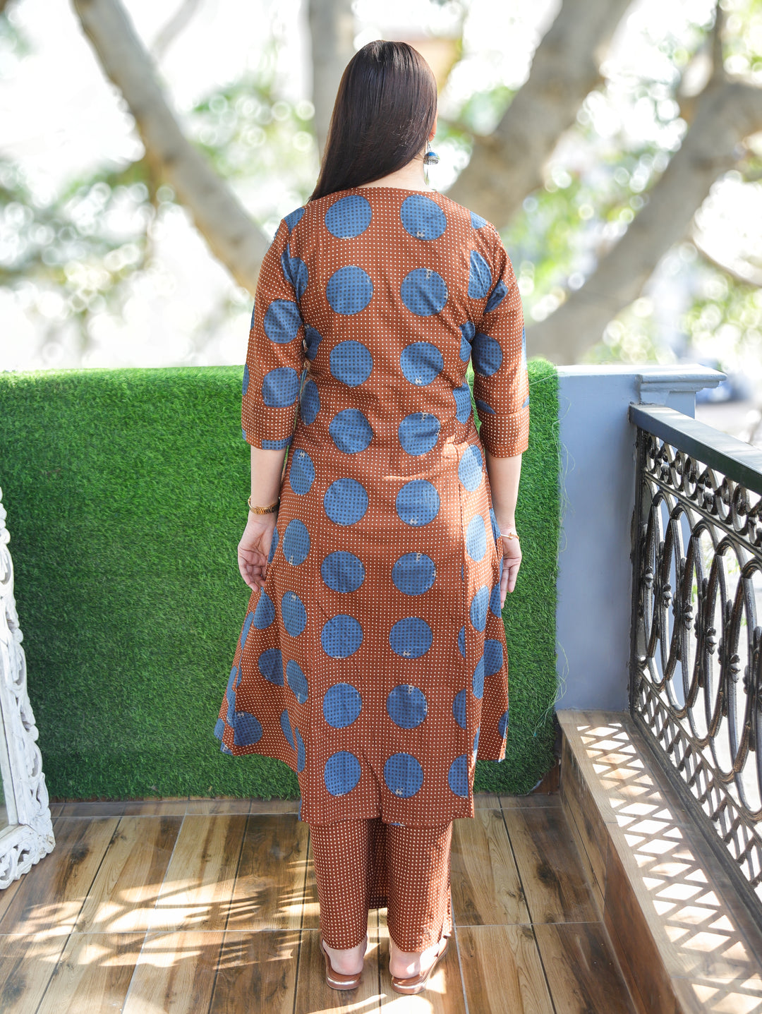 Amara Choco Brown Panel Style with Front Gathered and Coin Work Cotton 2 Piece Set