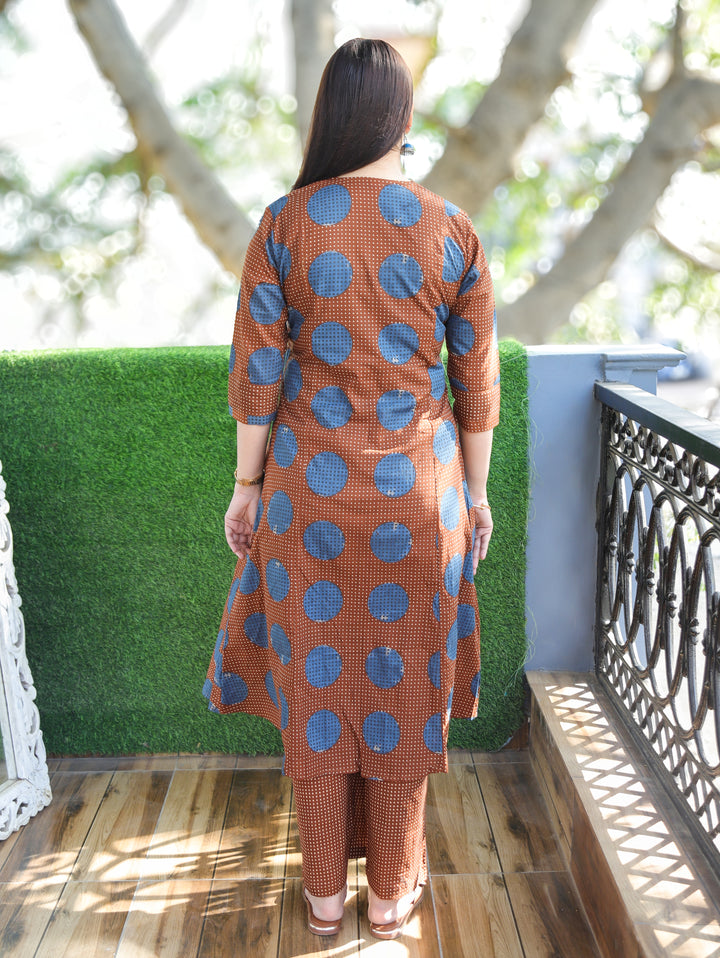 Amara Choco Brown Panel Style with Front Gathered and Coin Work Cotton 2 Piece Set