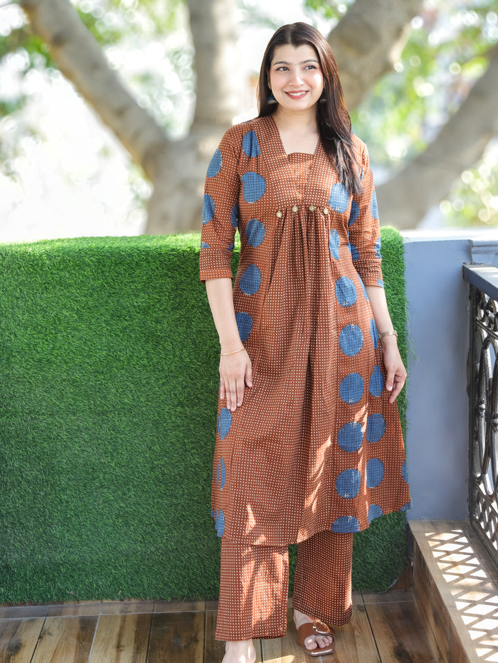 Amara Choco Brown Panel Style with Front Gathered and Coin Work Cotton 2 Piece Set