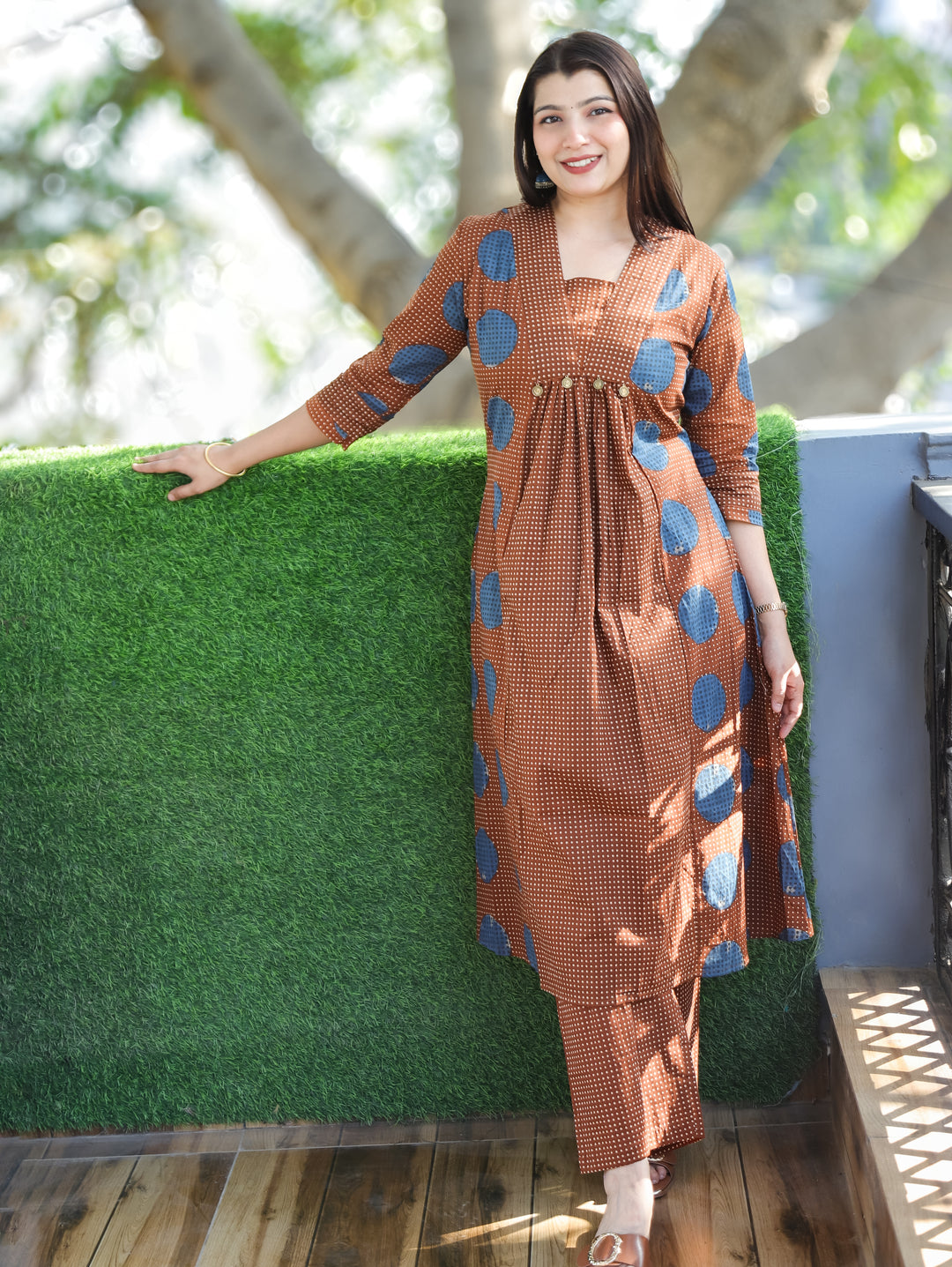 Amara Choco Brown Panel Style with Front Gathered and Coin Work Cotton 2 Piece Set