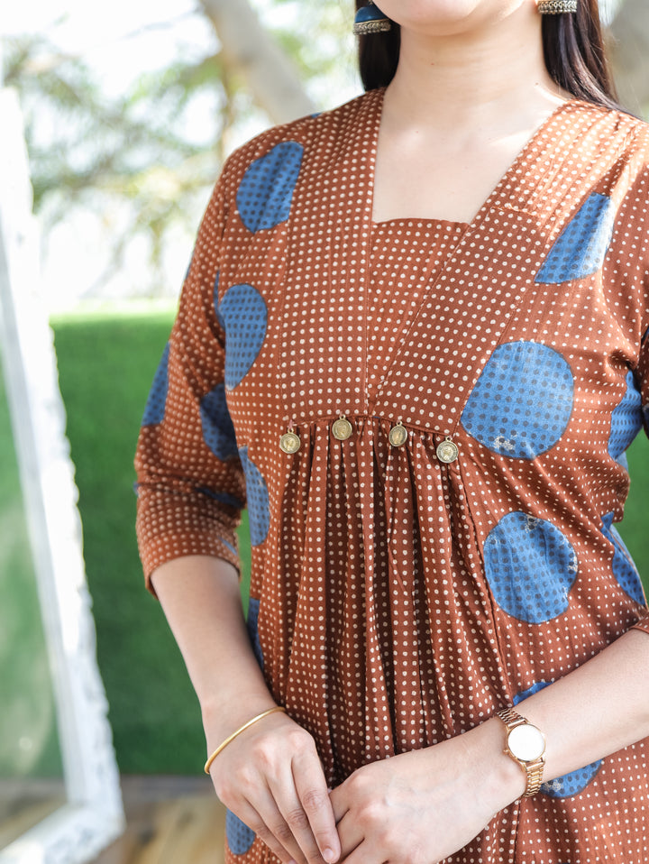 Amara Choco Brown Panel Style with Front Gathered and Coin Work Cotton 2 Piece Set