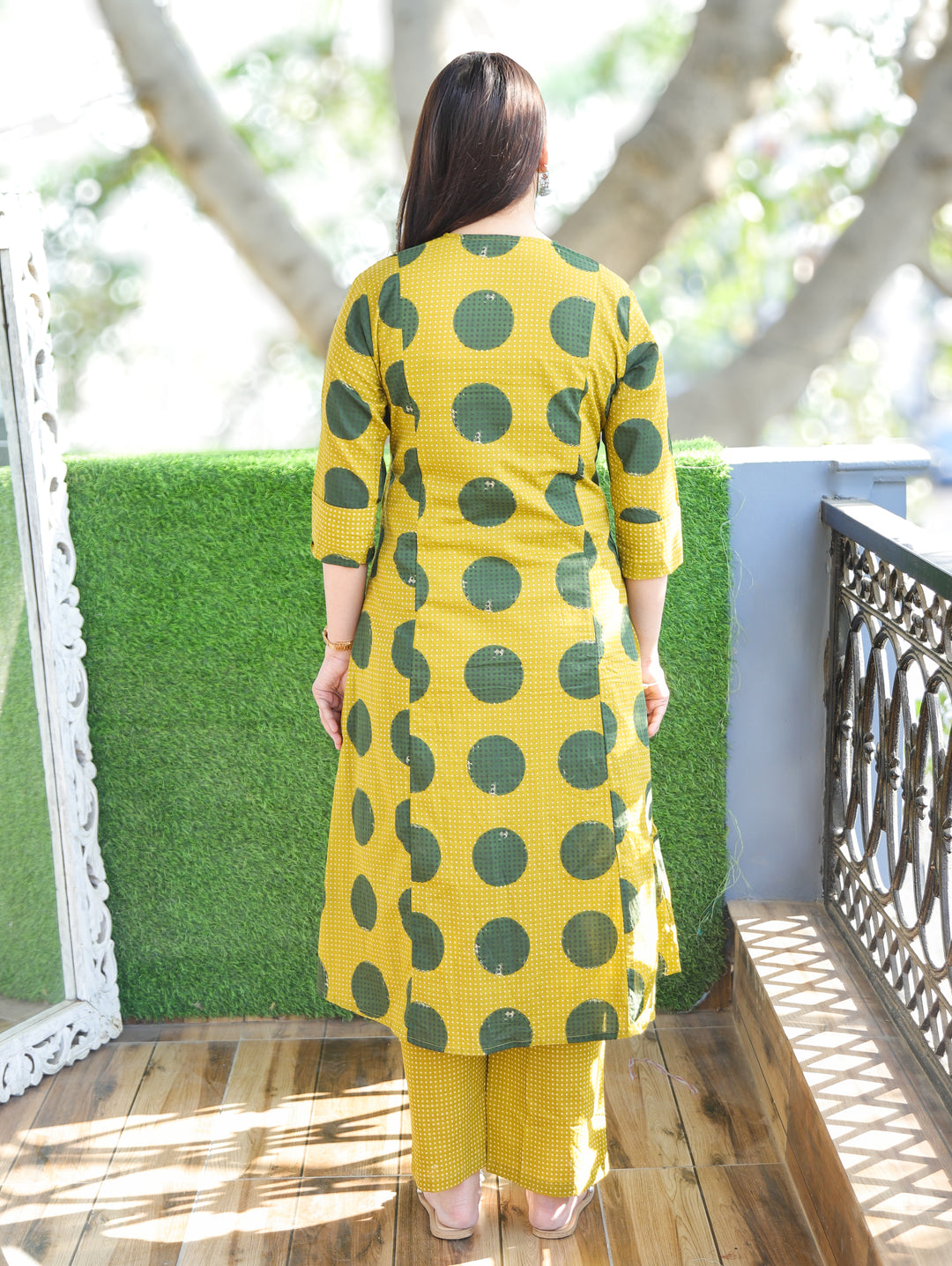 Amara Mustard Yellow Panel Style with Front Gathered and Coin Work Cotton 2 Piece Set