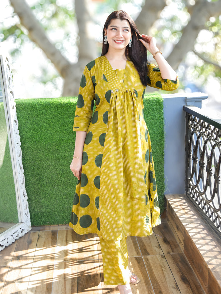 Amara Mustard Yellow Panel Style with Front Gathered and Coin Work Cotton 2 Piece Set