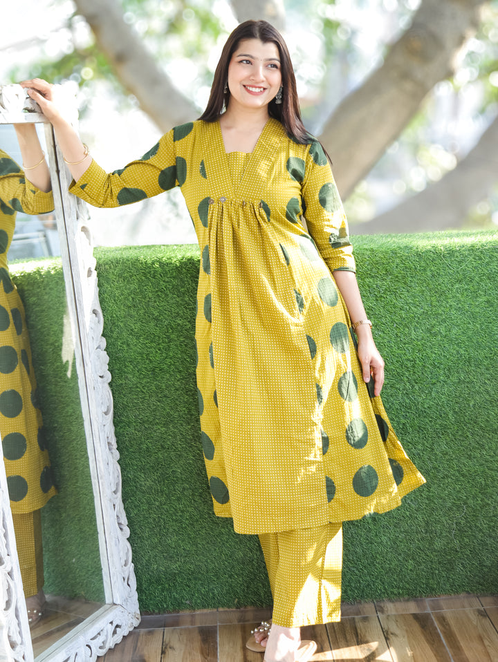 Amara Mustard Yellow Panel Style with Front Gathered and Coin Work Cotton 2 Piece Set
